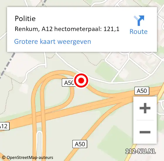 Locatie op kaart van de 112 melding: Politie Renkum, A12 hectometerpaal: 121,1 op 1 juni 2024 14:43