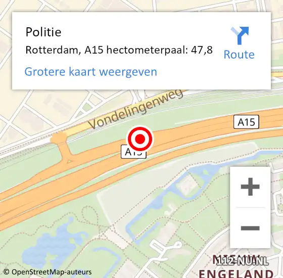 Locatie op kaart van de 112 melding: Politie Rotterdam, A15 hectometerpaal: 47,8 op 1 juni 2024 15:40