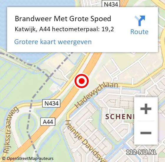 Locatie op kaart van de 112 melding: Brandweer Met Grote Spoed Naar Katwijk, A44 hectometerpaal: 19,2 op 1 juni 2024 16:24