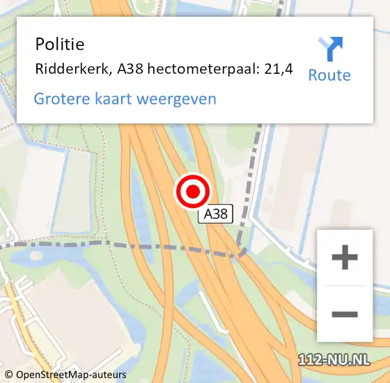 Locatie op kaart van de 112 melding: Politie Ridderkerk, A38 hectometerpaal: 21,4 op 1 juni 2024 16:50