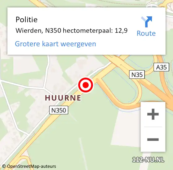 Locatie op kaart van de 112 melding: Politie Wierden, N350 hectometerpaal: 12,9 op 1 juni 2024 16:52