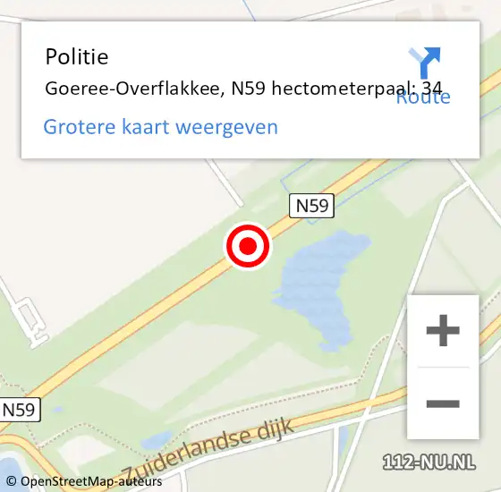 Locatie op kaart van de 112 melding: Politie Goeree-Overflakkee, N59 hectometerpaal: 34 op 1 juni 2024 16:54