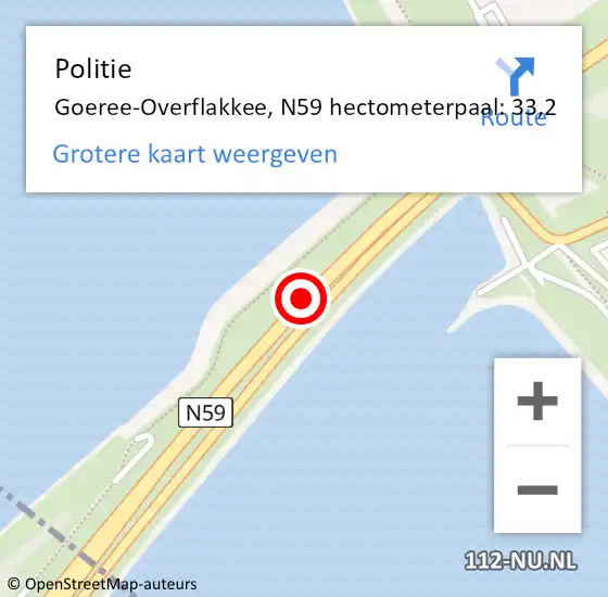 Locatie op kaart van de 112 melding: Politie Goeree-Overflakkee, N59 hectometerpaal: 33,2 op 1 juni 2024 16:55