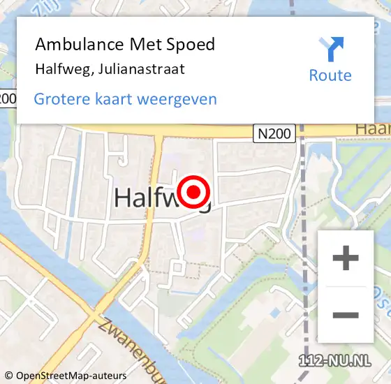 Locatie op kaart van de 112 melding: Ambulance Met Spoed Naar Halfweg, Julianastraat op 1 juni 2024 17:15