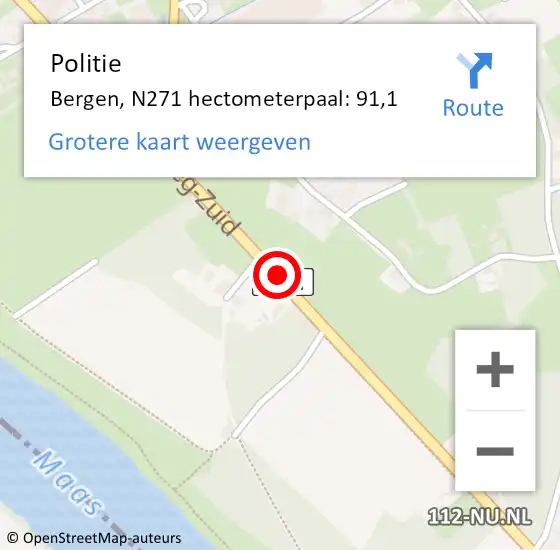 Locatie op kaart van de 112 melding: Politie Bergen, N271 hectometerpaal: 91,1 op 1 juni 2024 17:22