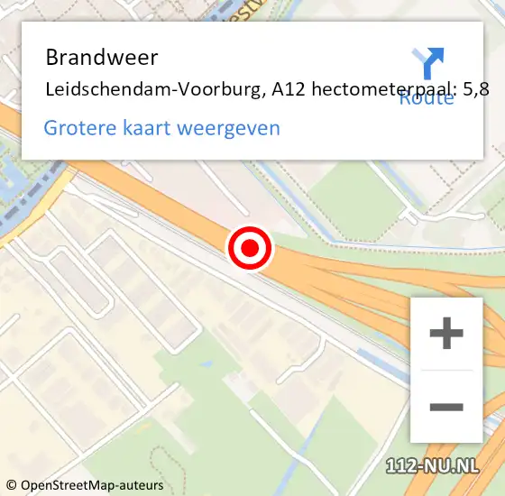 Locatie op kaart van de 112 melding: Brandweer Leidschendam-Voorburg, A12 hectometerpaal: 5,8 op 1 juni 2024 17:50