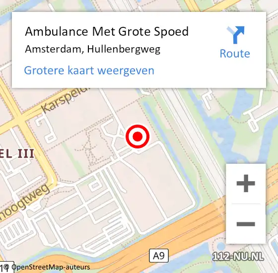 Locatie op kaart van de 112 melding: Ambulance Met Grote Spoed Naar Amsterdam, Hullenbergweg op 1 juni 2024 21:48