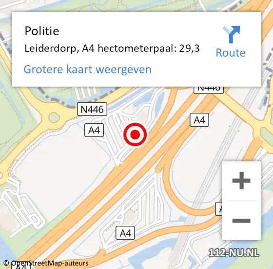 Locatie op kaart van de 112 melding: Politie Leiderdorp, A4 hectometerpaal: 29,3 op 1 juni 2024 22:05
