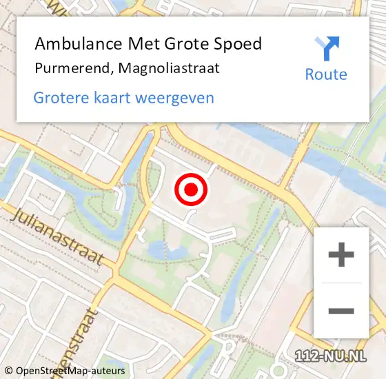 Locatie op kaart van de 112 melding: Ambulance Met Grote Spoed Naar Purmerend, Magnoliastraat op 1 juni 2024 22:07