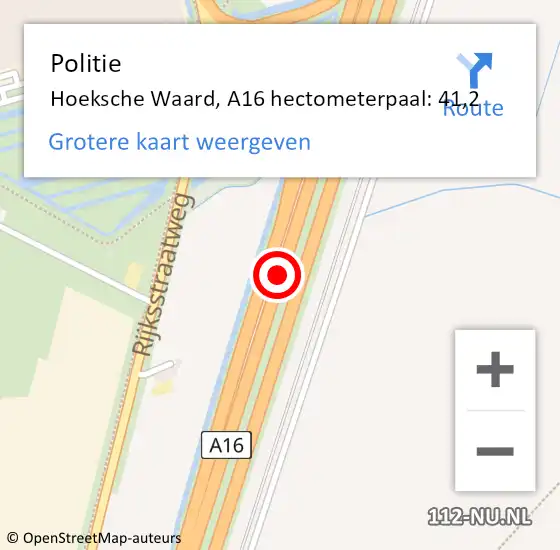 Locatie op kaart van de 112 melding: Politie Hoeksche Waard, A16 hectometerpaal: 41,2 op 1 juni 2024 23:30