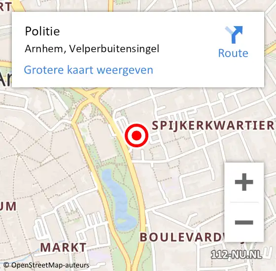 Locatie op kaart van de 112 melding: Politie Arnhem, Velperbuitensingel op 2 juni 2024 01:22