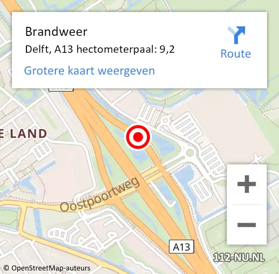 Locatie op kaart van de 112 melding: Brandweer Delft, A13 hectometerpaal: 9,2 op 2 juni 2024 01:58