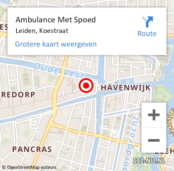 Locatie op kaart van de 112 melding: Ambulance Met Spoed Naar Leiden, Koestraat op 2 juni 2024 11:43