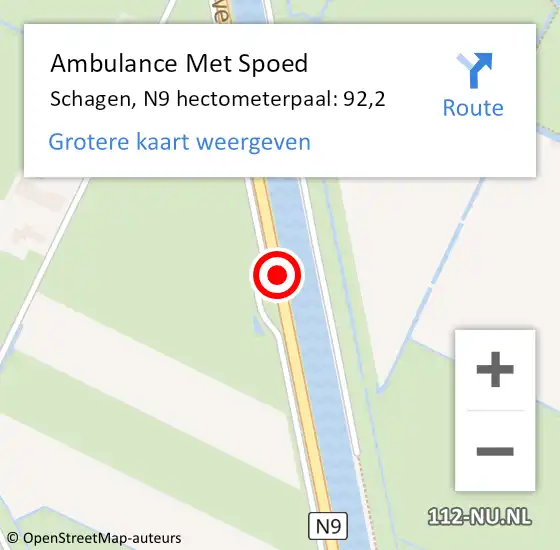 Locatie op kaart van de 112 melding: Ambulance Met Spoed Naar Schagen, N9 hectometerpaal: 92,2 op 2 juni 2024 12:56