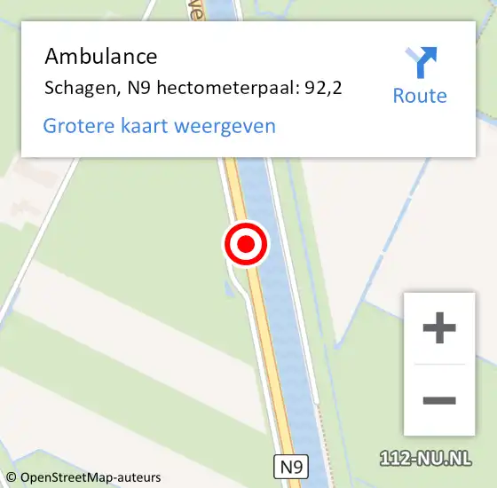 Locatie op kaart van de 112 melding: Ambulance Schagen, N9 hectometerpaal: 92,2 op 2 juni 2024 13:19