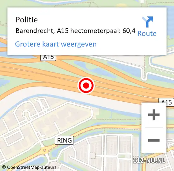 Locatie op kaart van de 112 melding: Politie Barendrecht, A15 hectometerpaal: 60,4 op 2 juni 2024 14:37