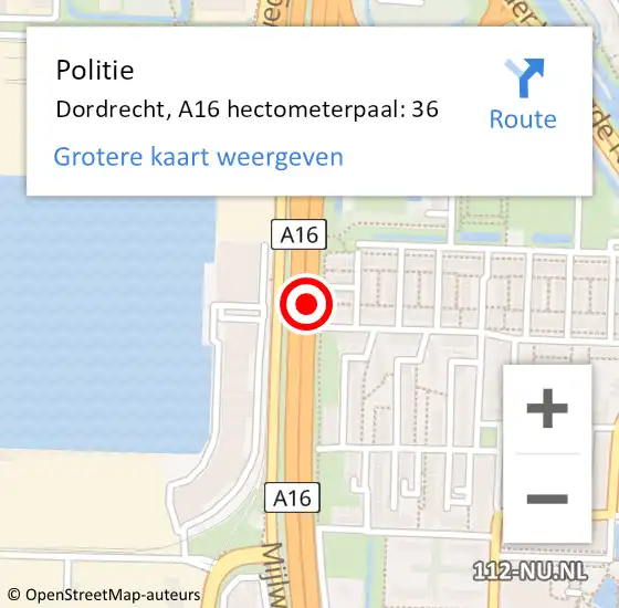 Locatie op kaart van de 112 melding: Politie Dordrecht, A16 hectometerpaal: 36 op 2 juni 2024 14:41