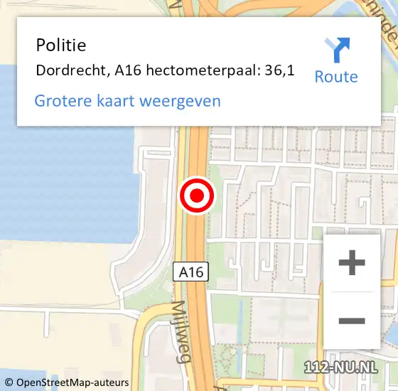 Locatie op kaart van de 112 melding: Politie Dordrecht, A16 hectometerpaal: 36,1 op 2 juni 2024 14:42