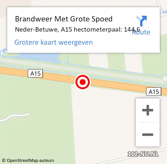 Locatie op kaart van de 112 melding: Brandweer Met Grote Spoed Naar Neder-Betuwe, A15 hectometerpaal: 144,6 op 2 juni 2024 15:12