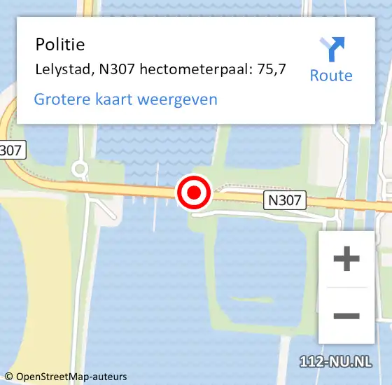 Locatie op kaart van de 112 melding: Politie Lelystad, N307 hectometerpaal: 75,7 op 2 juni 2024 15:48