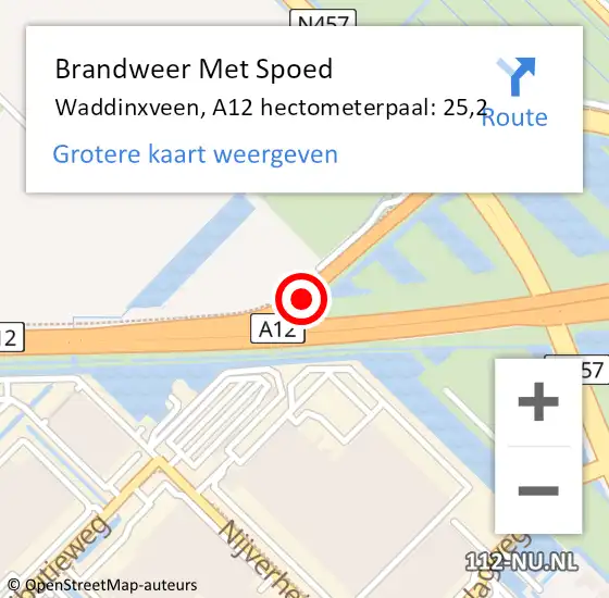 Locatie op kaart van de 112 melding: Brandweer Met Spoed Naar Waddinxveen, A12 hectometerpaal: 25,2 op 2 juni 2024 16:14