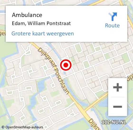 Locatie op kaart van de 112 melding: Ambulance Edam, William Pontstraat op 2 juni 2024 16:54