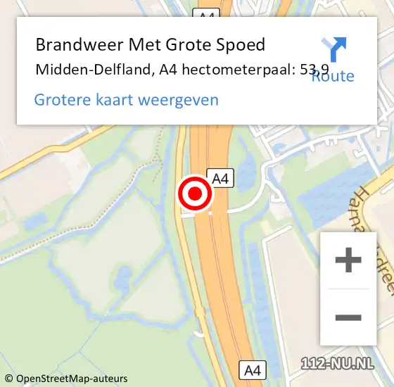 Locatie op kaart van de 112 melding: Brandweer Met Grote Spoed Naar Midden-Delfland, A4 hectometerpaal: 53,9 op 2 juni 2024 16:55