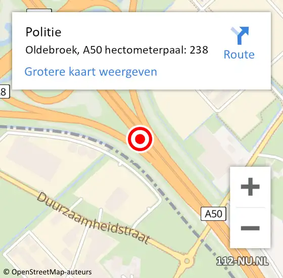 Locatie op kaart van de 112 melding: Politie Oldebroek, A50 hectometerpaal: 238 op 2 juni 2024 17:35