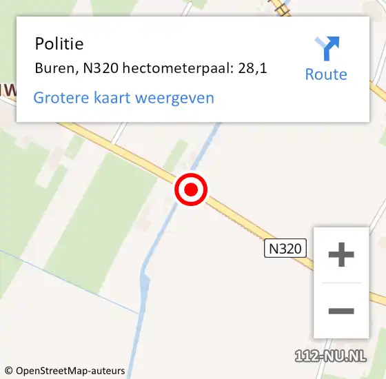 Locatie op kaart van de 112 melding: Politie Buren, N320 hectometerpaal: 28,1 op 2 juni 2024 20:00