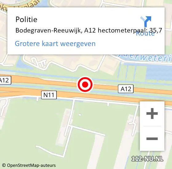 Locatie op kaart van de 112 melding: Politie Bodegraven-Reeuwijk, A12 hectometerpaal: 35,7 op 2 juni 2024 22:04