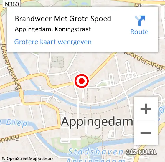 Locatie op kaart van de 112 melding: Brandweer Met Grote Spoed Naar Appingedam, Koningstraat op 3 juni 2024 01:02