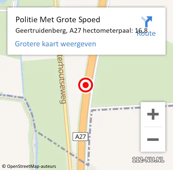 Locatie op kaart van de 112 melding: Politie Met Grote Spoed Naar Geertruidenberg, A27 hectometerpaal: 16,8 op 3 juni 2024 02:22