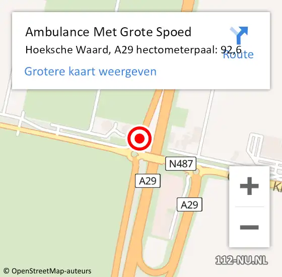 Locatie op kaart van de 112 melding: Ambulance Met Grote Spoed Naar Hoeksche Waard, A29 hectometerpaal: 92,6 op 3 juni 2024 03:29