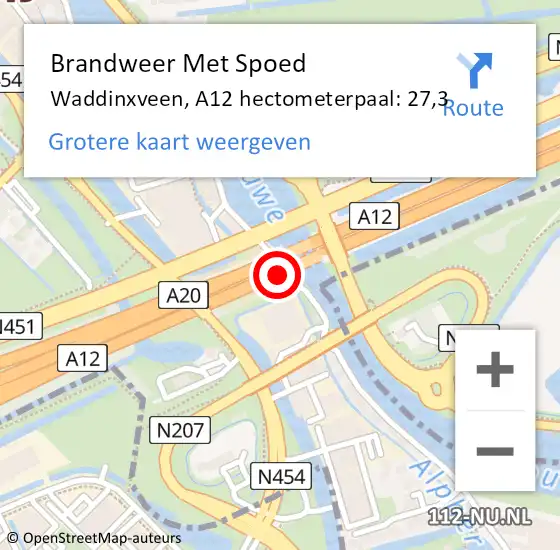 Locatie op kaart van de 112 melding: Brandweer Met Spoed Naar Waddinxveen, A12 hectometerpaal: 27,3 op 3 juni 2024 03:47