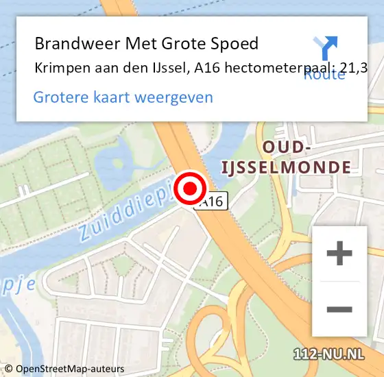 Locatie op kaart van de 112 melding: Brandweer Met Grote Spoed Naar Krimpen aan den IJssel, A16 hectometerpaal: 21,3 op 3 juni 2024 05:25
