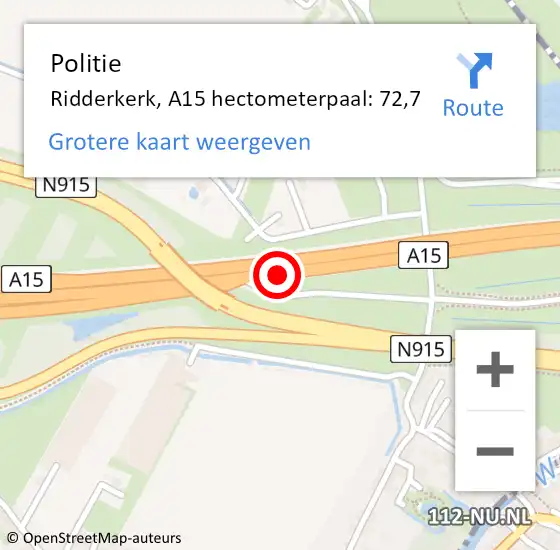 Locatie op kaart van de 112 melding: Politie Hendrik-Ido-Ambacht, A15 hectometerpaal: 72,7 op 3 juni 2024 06:55