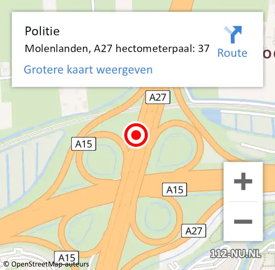 Locatie op kaart van de 112 melding: Politie Molenlanden, A27 hectometerpaal: 37 op 3 juni 2024 07:21