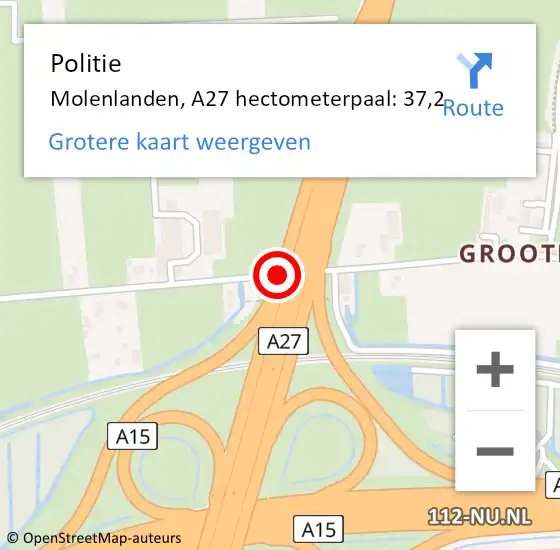Locatie op kaart van de 112 melding: Politie Molenlanden, A27 hectometerpaal: 37,2 op 3 juni 2024 07:51