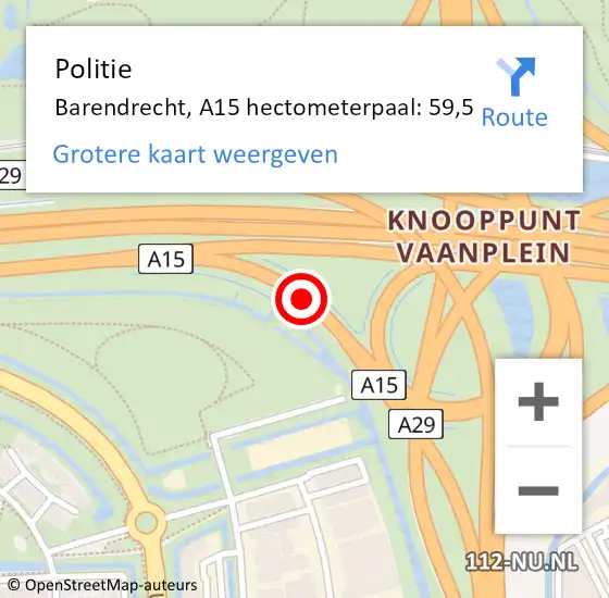 Locatie op kaart van de 112 melding: Politie Barendrecht, A15 hectometerpaal: 59,5 op 3 juni 2024 08:31