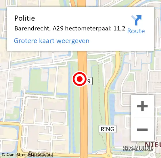 Locatie op kaart van de 112 melding: Politie Barendrecht, A29 hectometerpaal: 11,2 op 3 juni 2024 08:32