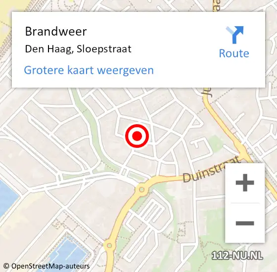 Locatie op kaart van de 112 melding: Brandweer Den Haag, Sloepstraat op 3 juni 2024 12:40