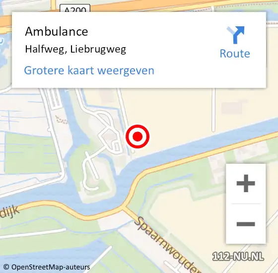 Locatie op kaart van de 112 melding: Ambulance Halfweg, Liebrugweg op 3 juni 2024 13:02