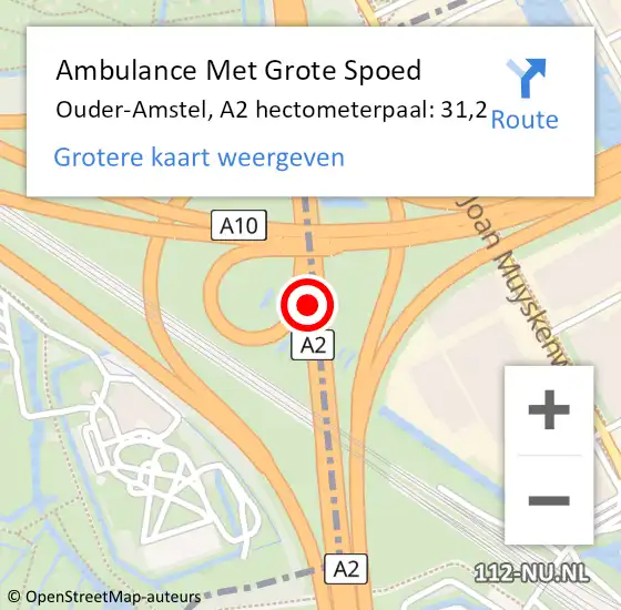 Locatie op kaart van de 112 melding: Ambulance Met Grote Spoed Naar Ouder-Amstel, A2 hectometerpaal: 31,2 op 3 juni 2024 14:55