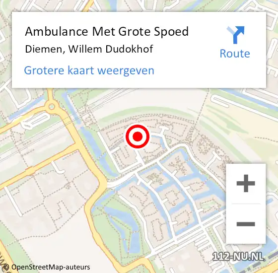 Locatie op kaart van de 112 melding: Ambulance Met Grote Spoed Naar Diemen, Willem Dudokhof op 3 juni 2024 16:08