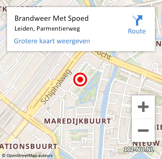 Locatie op kaart van de 112 melding: Brandweer Met Spoed Naar Leiden, Parmentierweg op 3 juni 2024 16:48