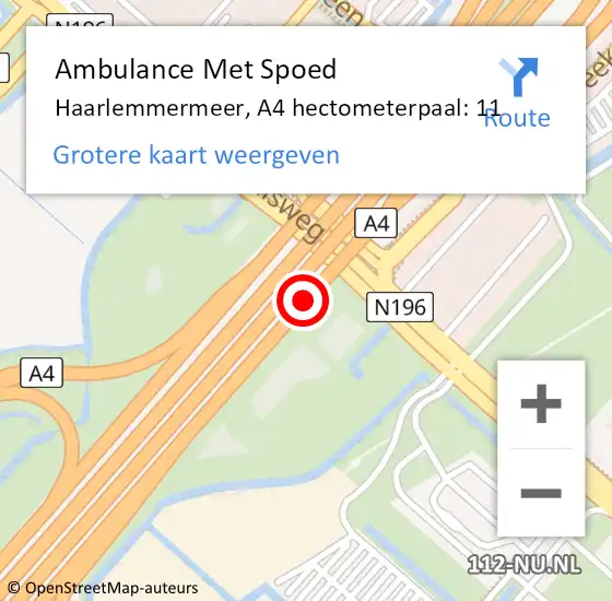 Locatie op kaart van de 112 melding: Ambulance Met Spoed Naar Haarlemmermeer, A4 hectometerpaal: 11 op 3 juni 2024 17:00