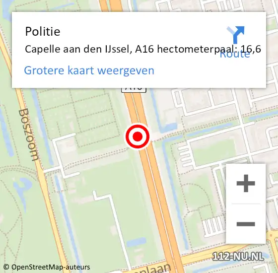 Locatie op kaart van de 112 melding: Politie Capelle aan den IJssel, A16 hectometerpaal: 16,6 op 3 juni 2024 17:58