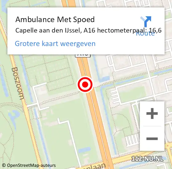 Locatie op kaart van de 112 melding: Ambulance Met Spoed Naar Capelle aan den IJssel, A16 hectometerpaal: 16,6 op 3 juni 2024 18:02