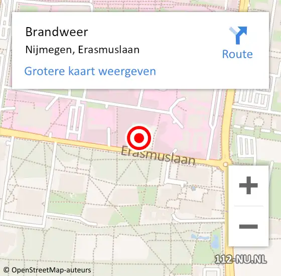 Locatie op kaart van de 112 melding: Brandweer Nijmegen, Erasmuslaan op 3 juni 2024 19:18