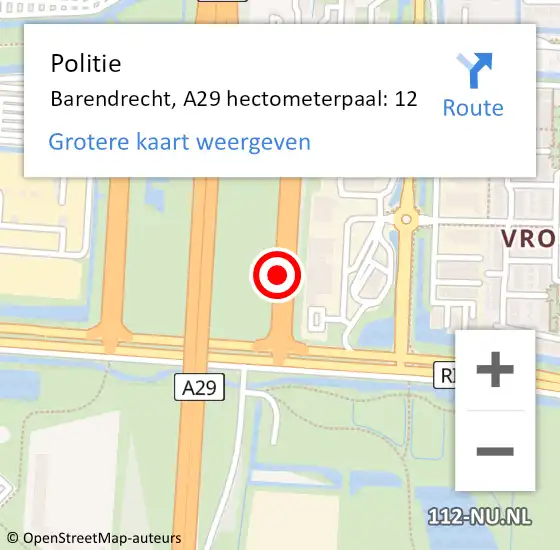 Locatie op kaart van de 112 melding: Politie Barendrecht, A29 hectometerpaal: 12 op 3 juni 2024 21:26